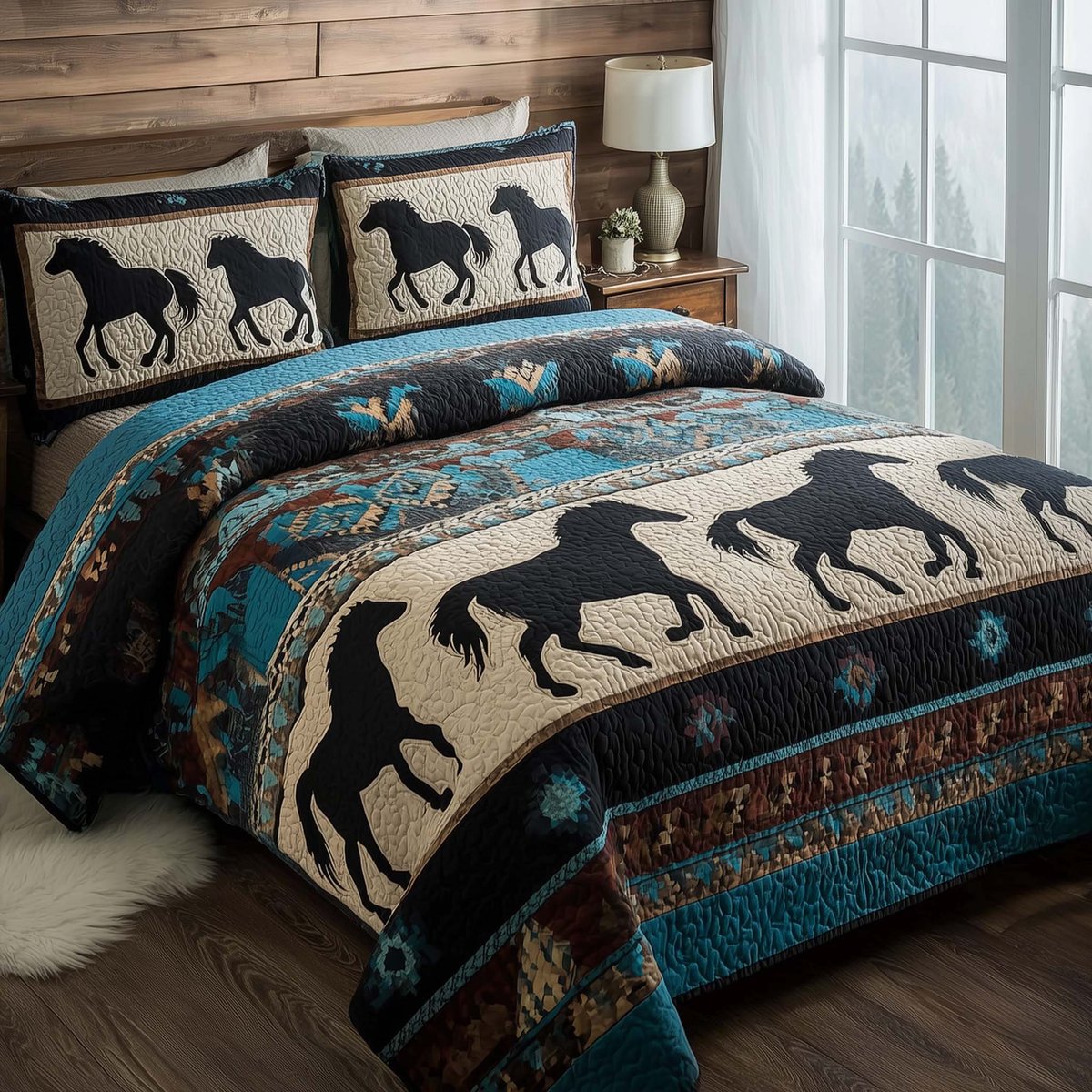 Prairie Horse 3 Piece Quilted Bedding Set Gift For Horse Lovers