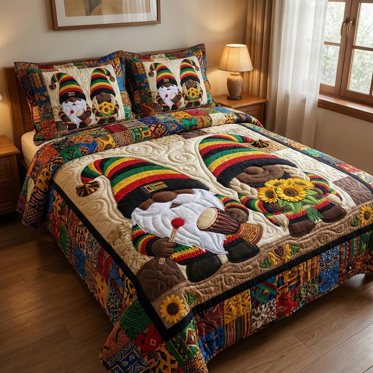 Gnome Sweethearts 3 Piece Quilted Bedding Set Gift For Holiday Decor Lovers