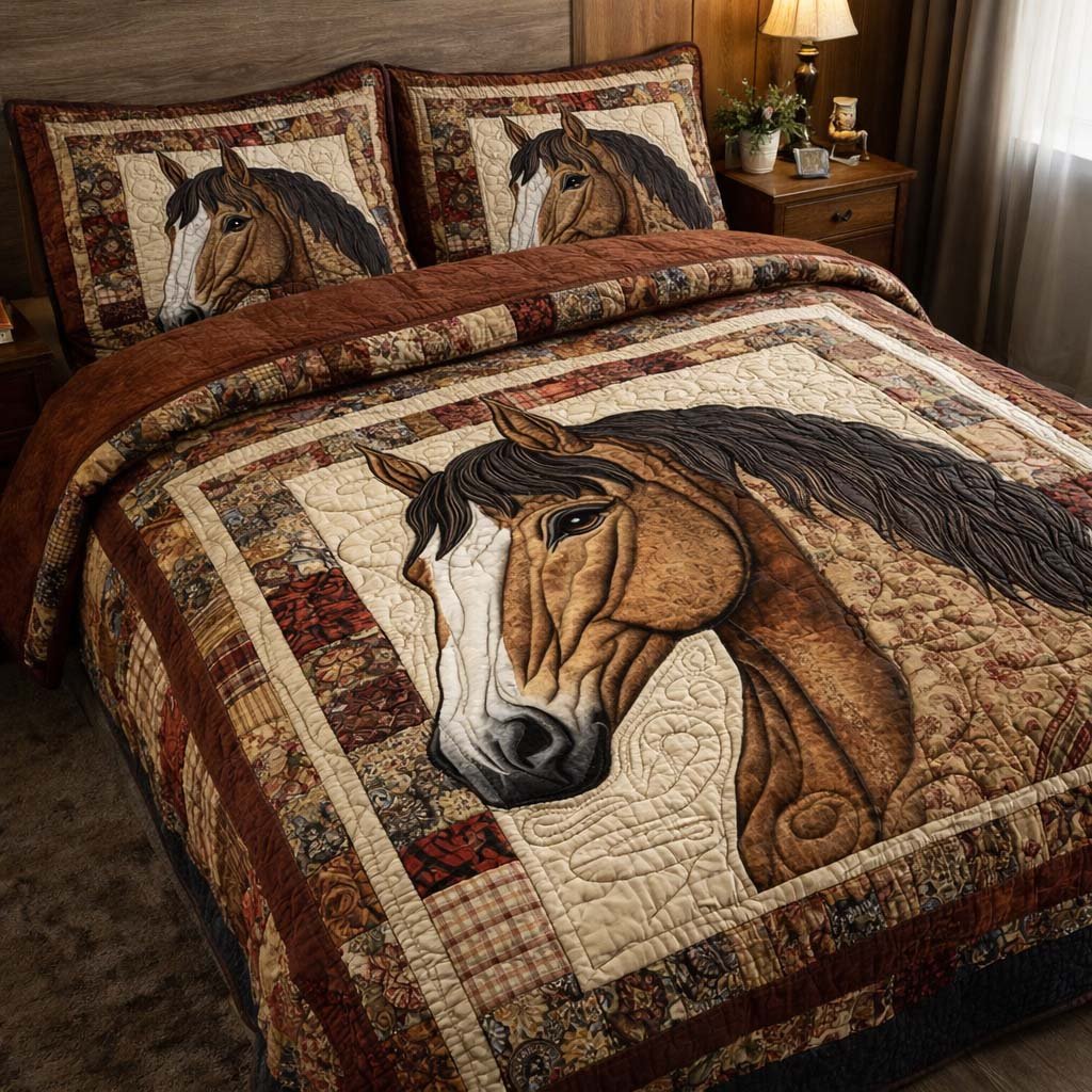 Gentle Stallion 3 Piece Quilted Bedding Set Gift For Horse Lovers