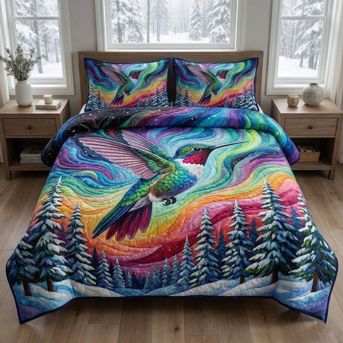 Iridescent Drift Hummingbird 3 Piece Quilted Bedding Set Gift For Bird Lovers
