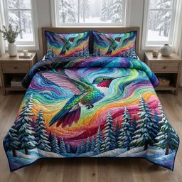 Iridescent Drift Hummingbird 3 Piece Quilted Bedding Set Gift For Bird Lovers