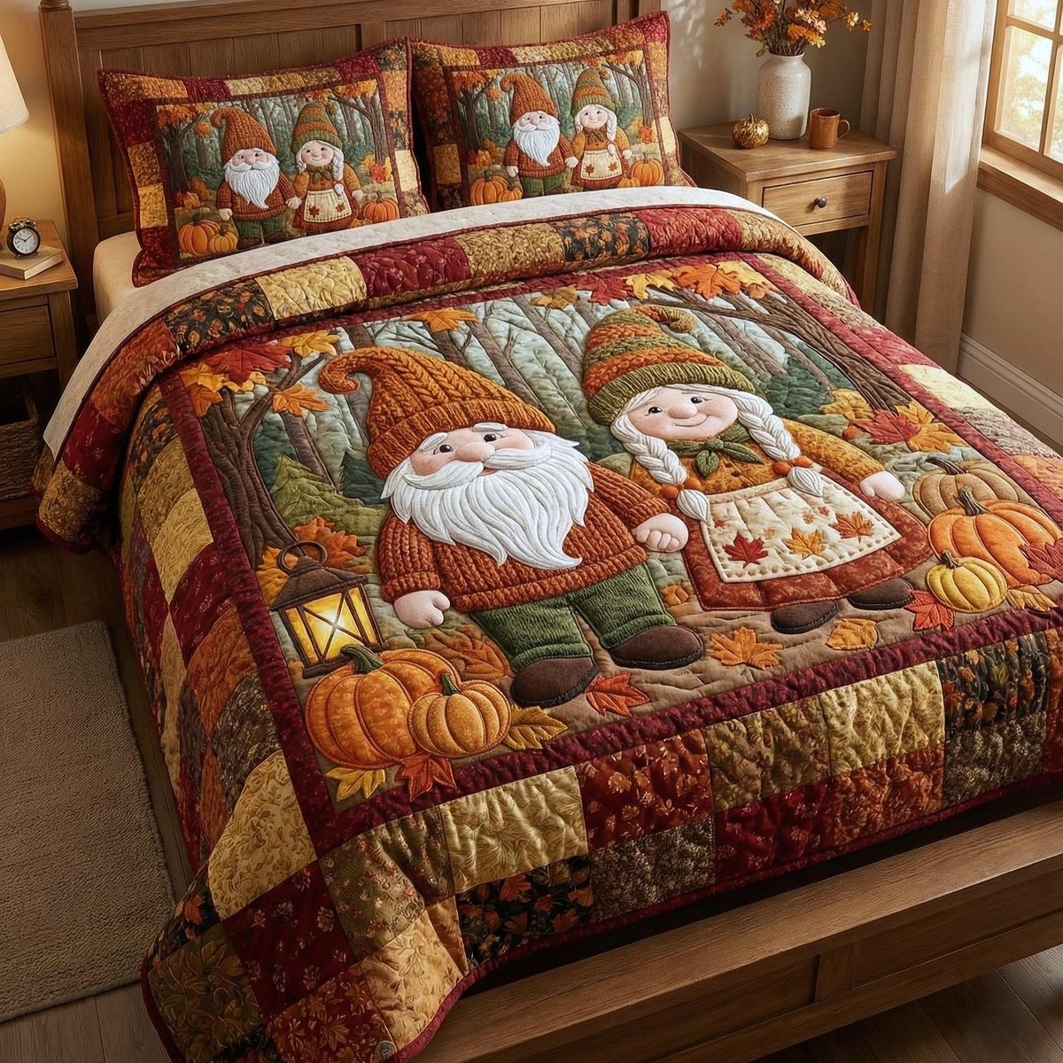 Gnome Sweethearts 3 Piece Quilted Bedding Set Gift For Holiday Decor Lovers