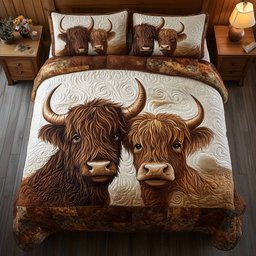 Highland Hearts Highland Cow 3 Piece Quilted Bedding Set Gift For Cow Lovers