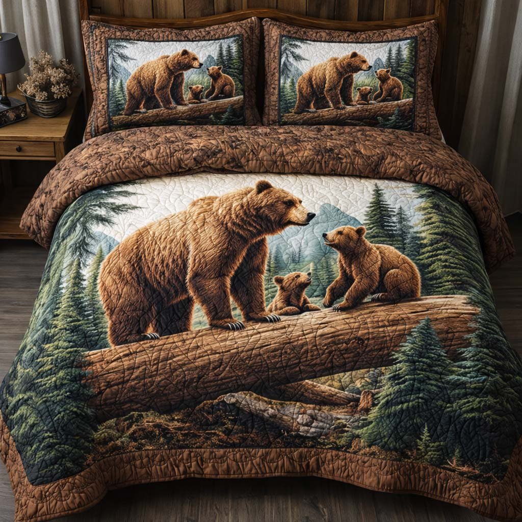 Woodland Lesson Bear 3 Piece Quilted Bedding Set Gift For Nature Lovers