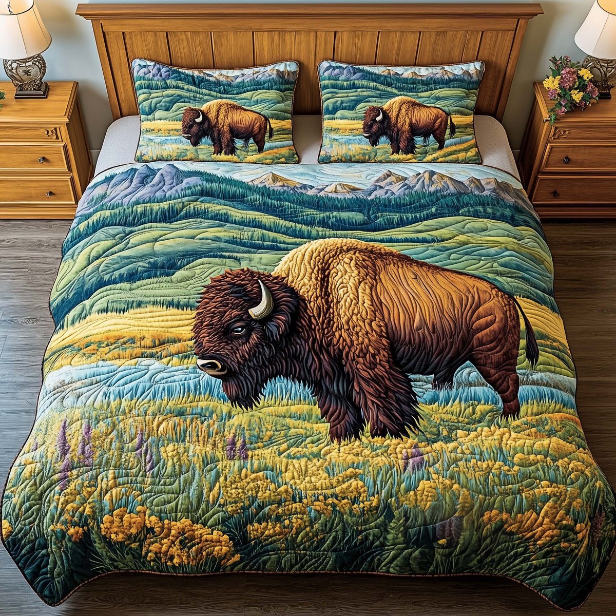 Meadow Bison Cow 3 Piece Quilted Bedding Set Gift For Cow Lovers