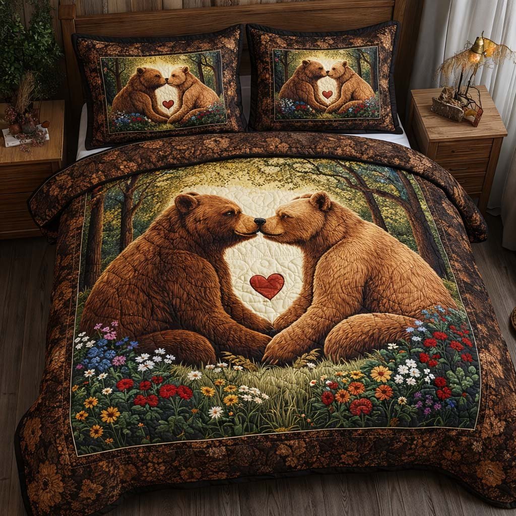 Woodland Promise Bear 3 Piece Quilted Bedding Set Gift For Nature Lovers