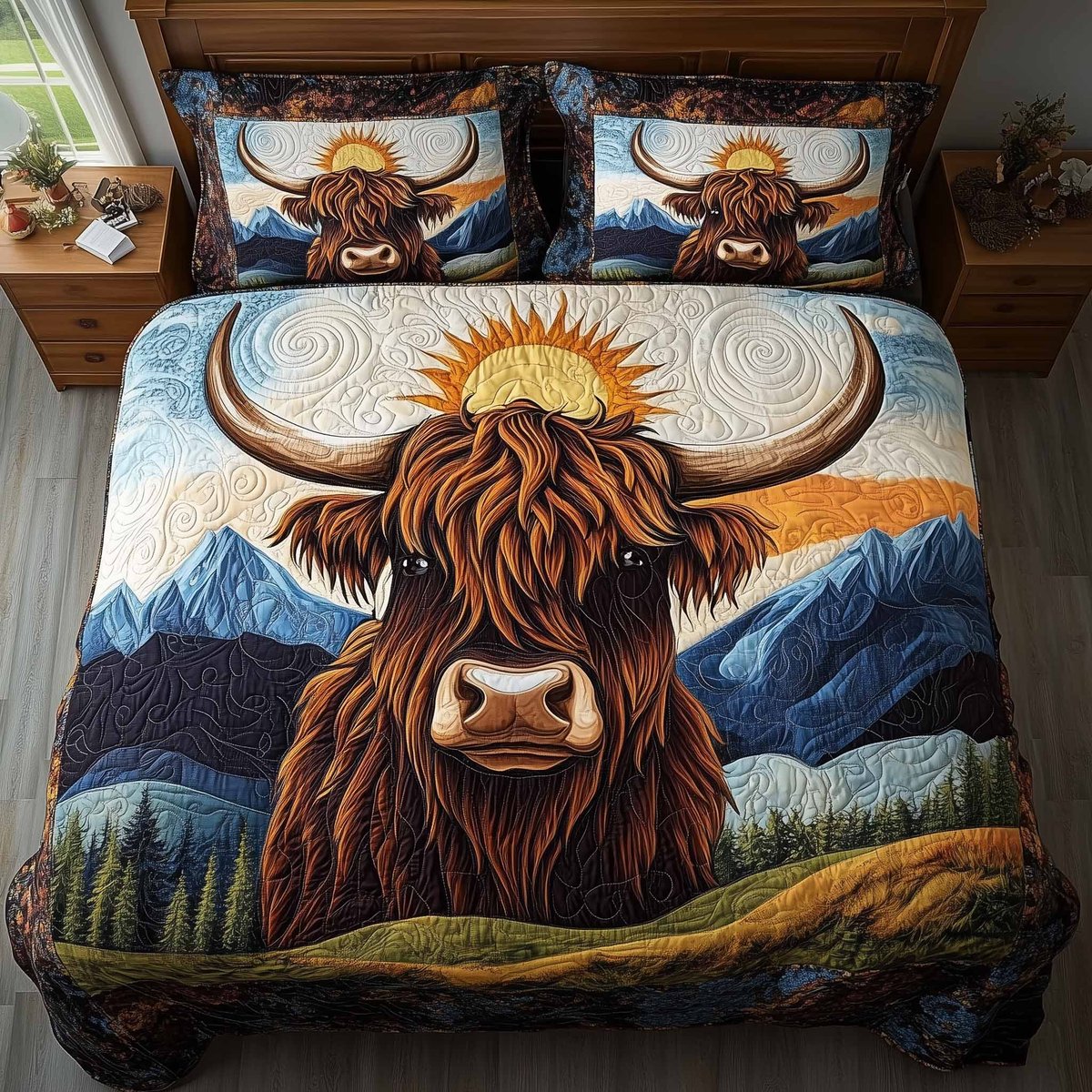Highland Hearts Highland Cow 3 Piece Quilted Bedding Set Gift For Cow Lovers