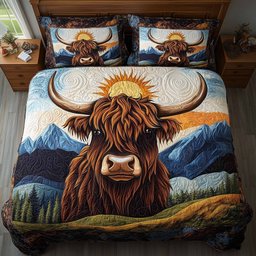 Highland Hearts Highland Cow 3 Piece Quilted Bedding Set Gift For Cow Lovers