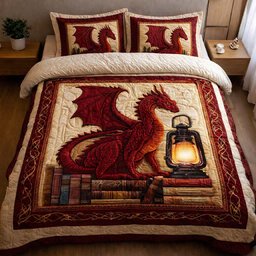 Crimson Lantern Dragon 3 Piece Quilted Bedding Set Gift For Fantasy Lovers