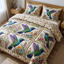 Iridescent Drift Hummingbird 3 Piece Quilted Bedding Set Gift For Bird Lovers