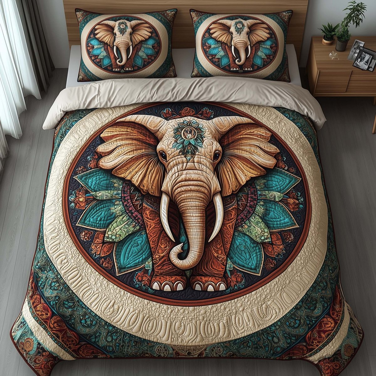 Elephant Harmony 3 Piece Quilted Bedding Set Gift For Elephant Lovers