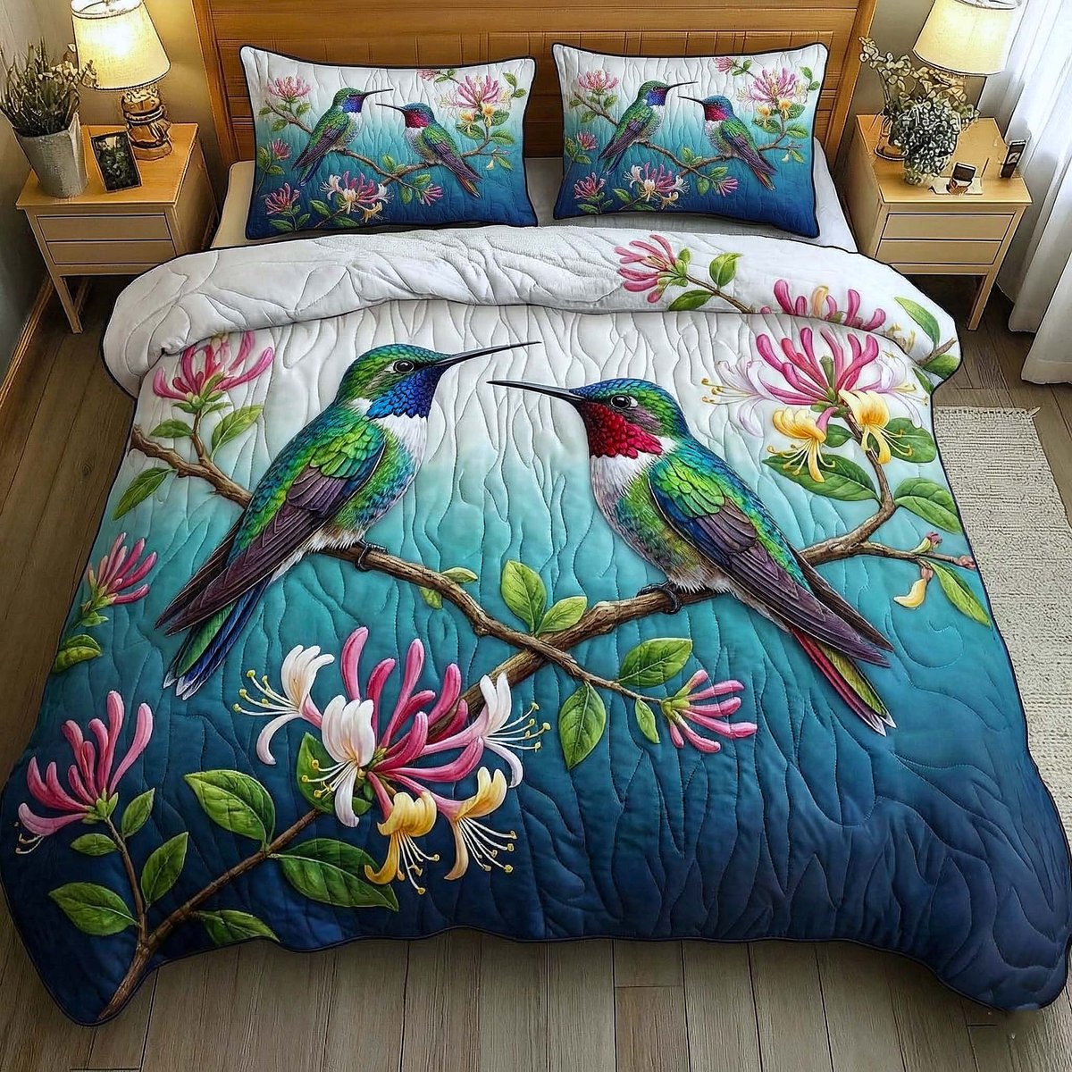 Garden Sprite Hummingbird 3 Piece Quilted Bedding Set Gift For Flower Lovers