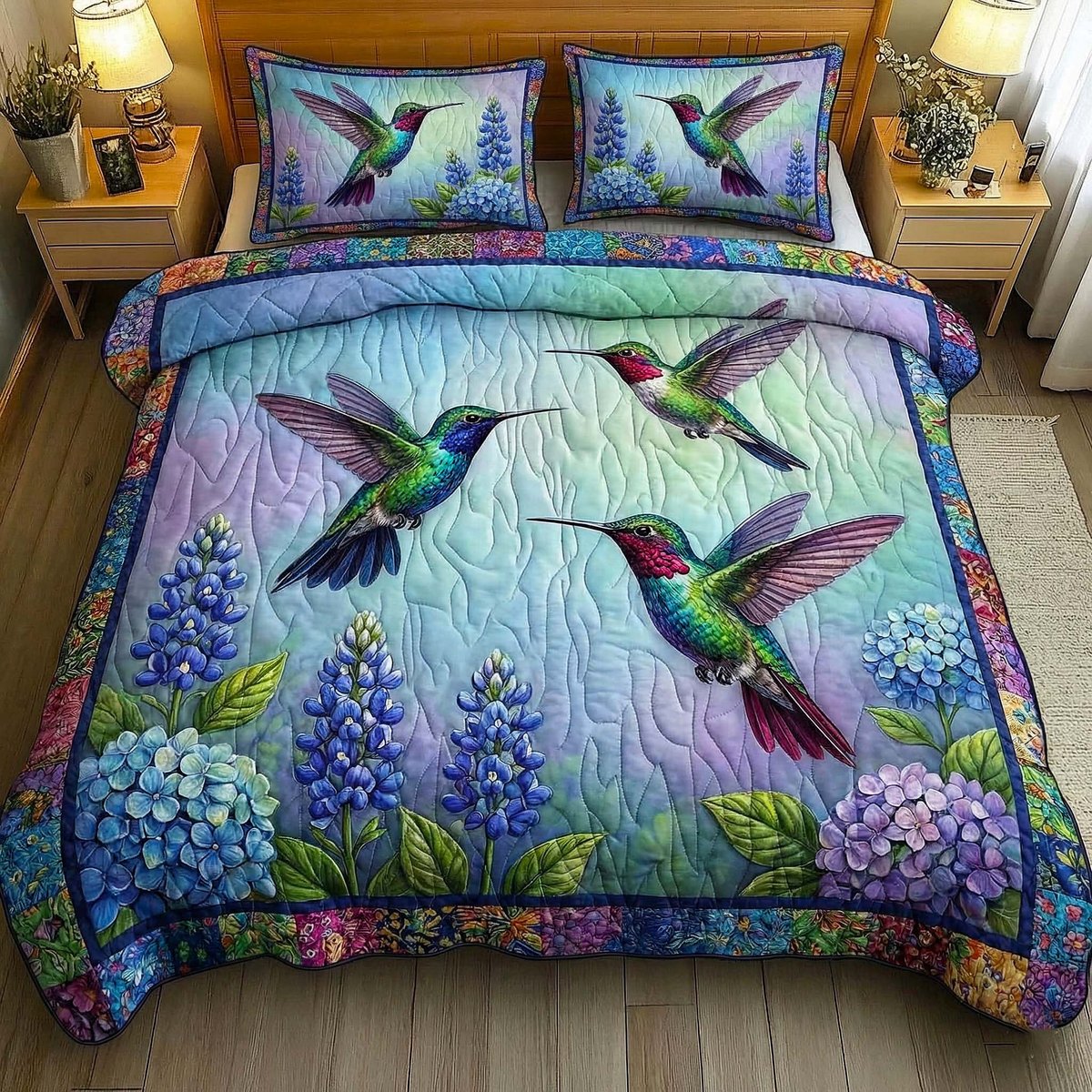 Iridescent Drift Hummingbird 3 Piece Quilted Bedding Set Gift For Bird Lovers