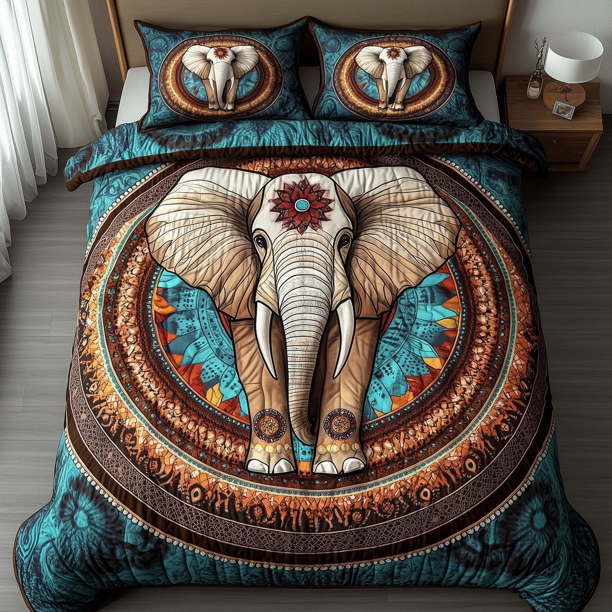 Elephant Harmony 3 Piece Quilted Bedding Set Gift For Elephant Lovers