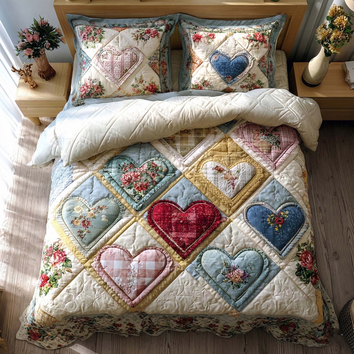 Spring Patch 3 Piece Quilted Bedding Set Gift For Flower Lovers