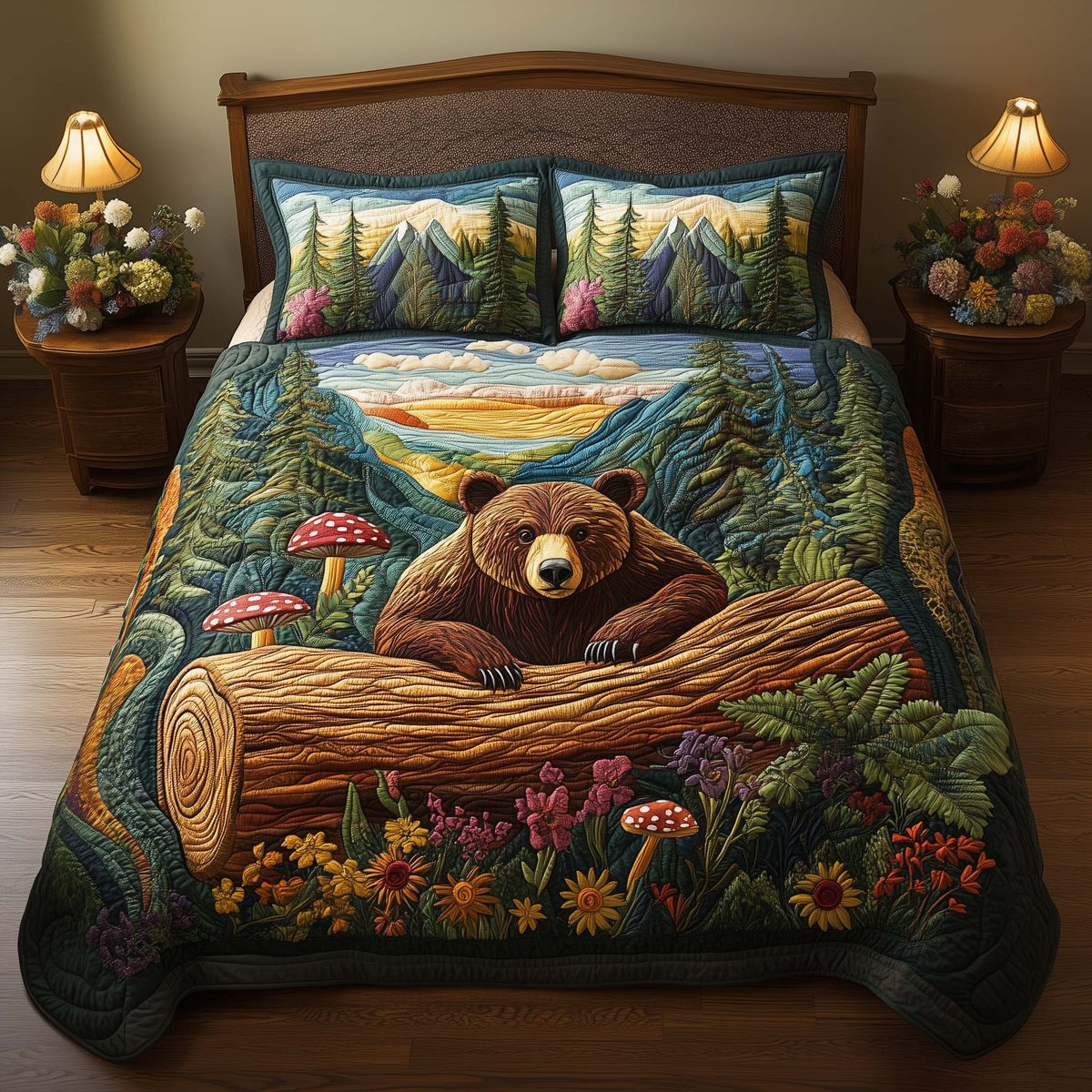 Forest Bear 3 Piece Quilted Bedding Set Gift For Bear Lovers