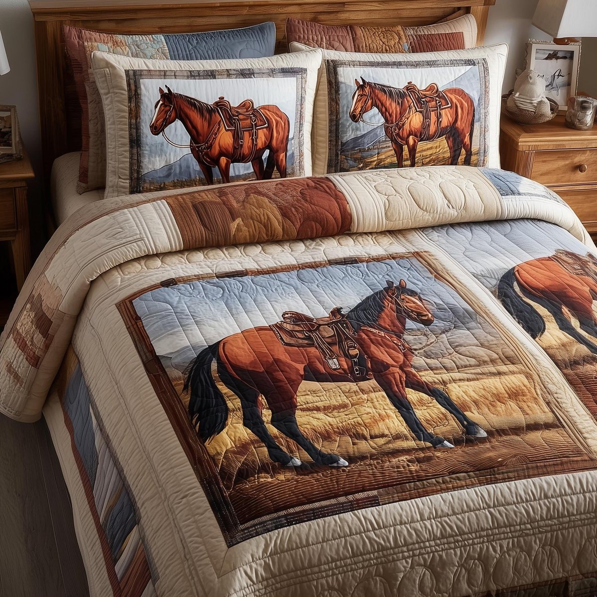 Prairie Horse 3 Piece Quilted Bedding Set Gift For Horse Lovers