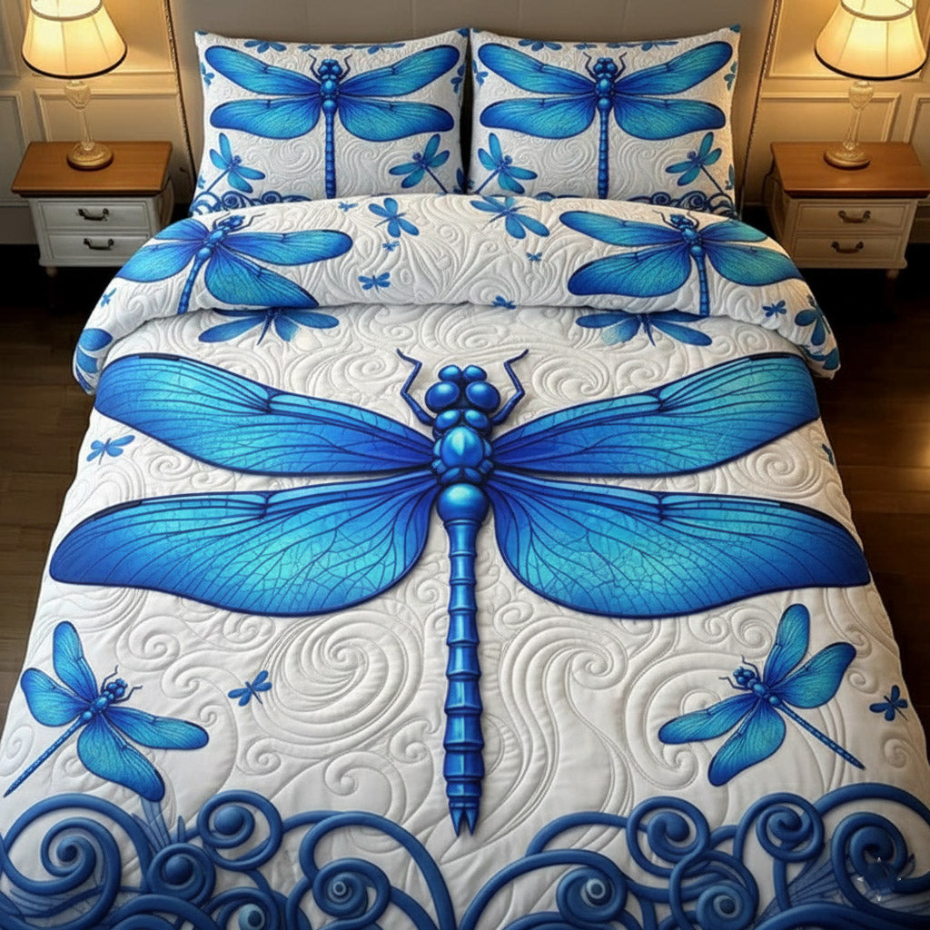 Dragonfly 3 Piece Quilted Bedding Set Gift For Butterfly Lovers