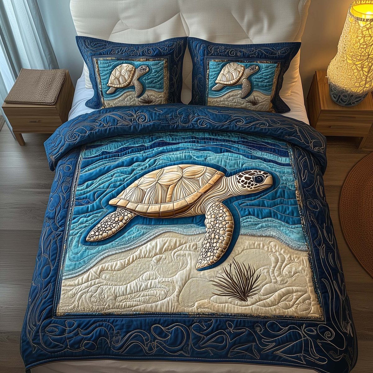 Ocean Turtle 3 Piece Quilted Bedding Set Gift For Turtle Lovers