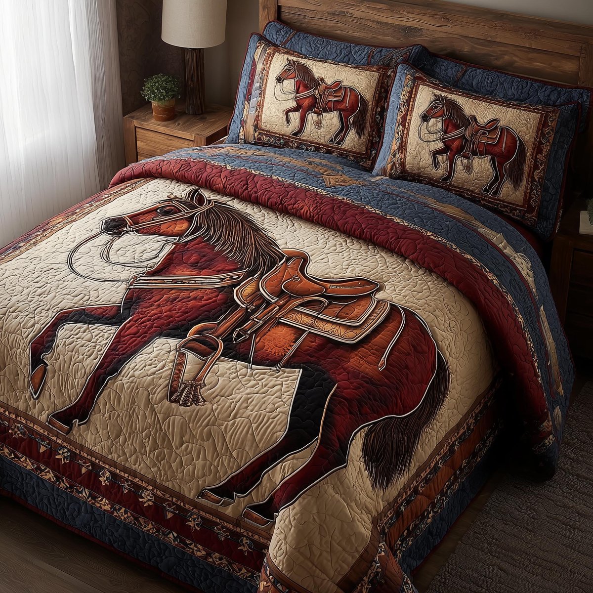 Prairie Horse 3 Piece Quilted Bedding Set Gift For Horse Lovers