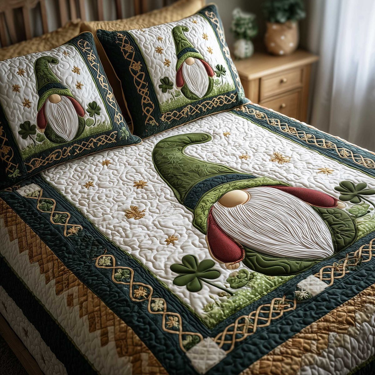 Shamrock Gnome 3 Piece Quilted Bedding Set Gift For Holiday Decor Lovers