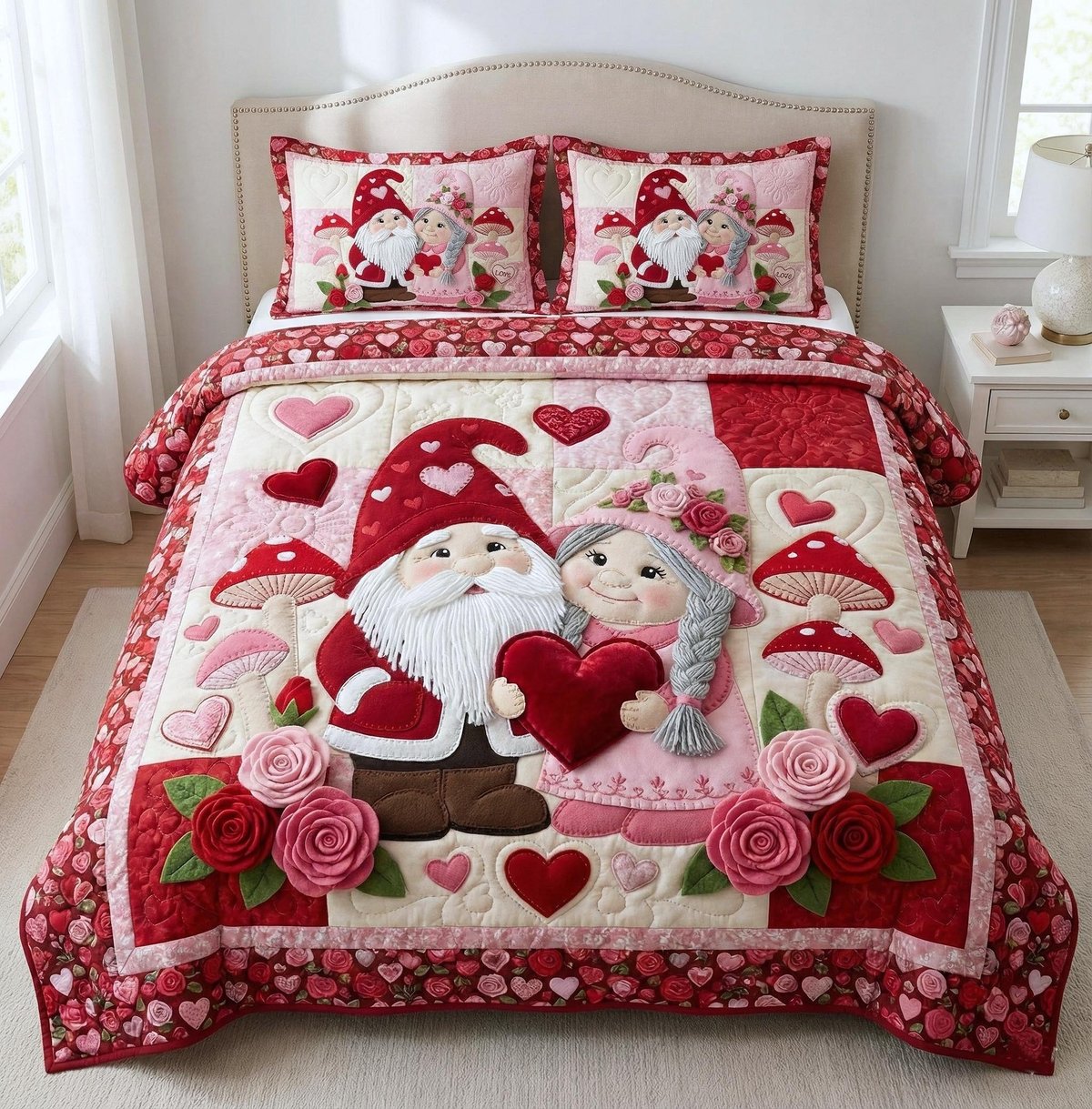 Gnome Sweethearts 3 Piece Quilted Bedding Set Gift For Holiday Decor Lovers