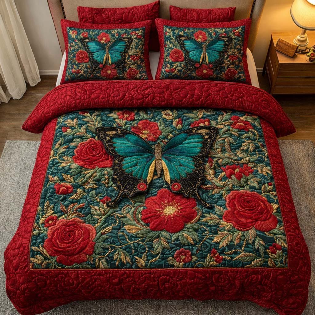 Crimson Garden Butterfly 3 Piece Quilted Bedding Set Gift For Flower Lovers