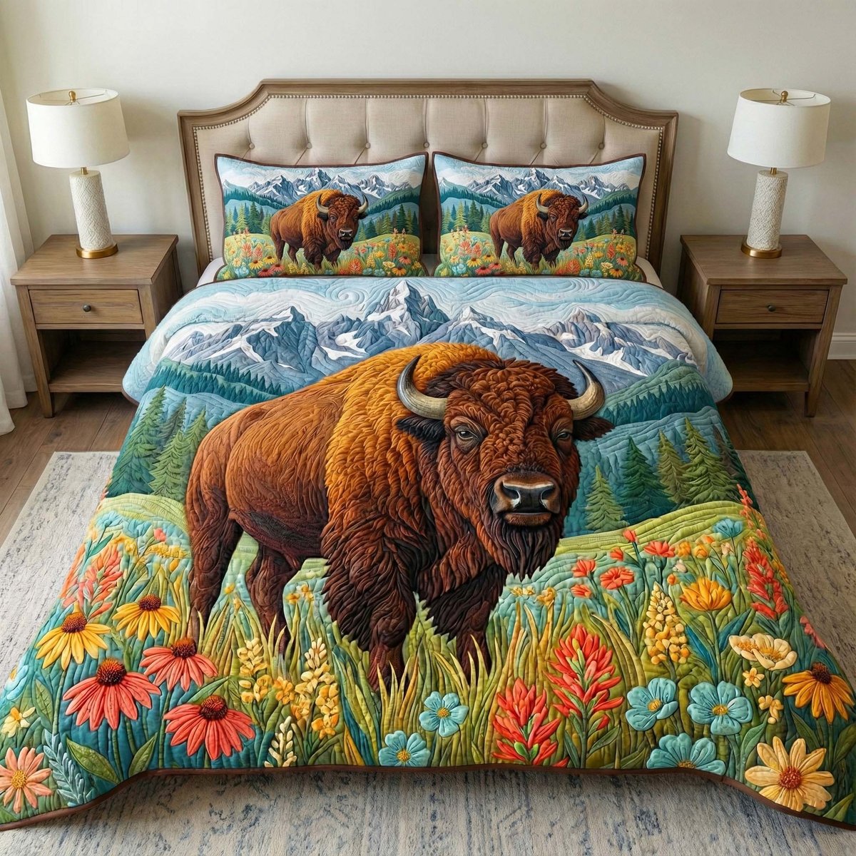 Wildflower Bison Cow 3 Piece Quilted Bedding Set Gift For Flower Lovers