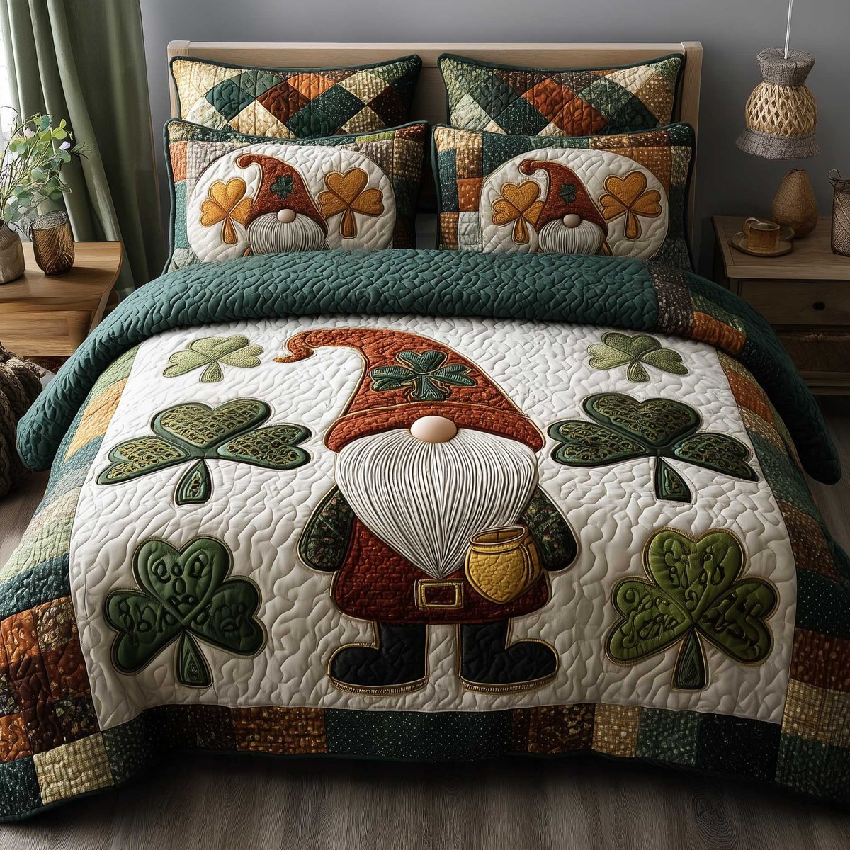 Shamrock Gnome 3 Piece Quilted Bedding Set Gift For Holiday Decor Lovers