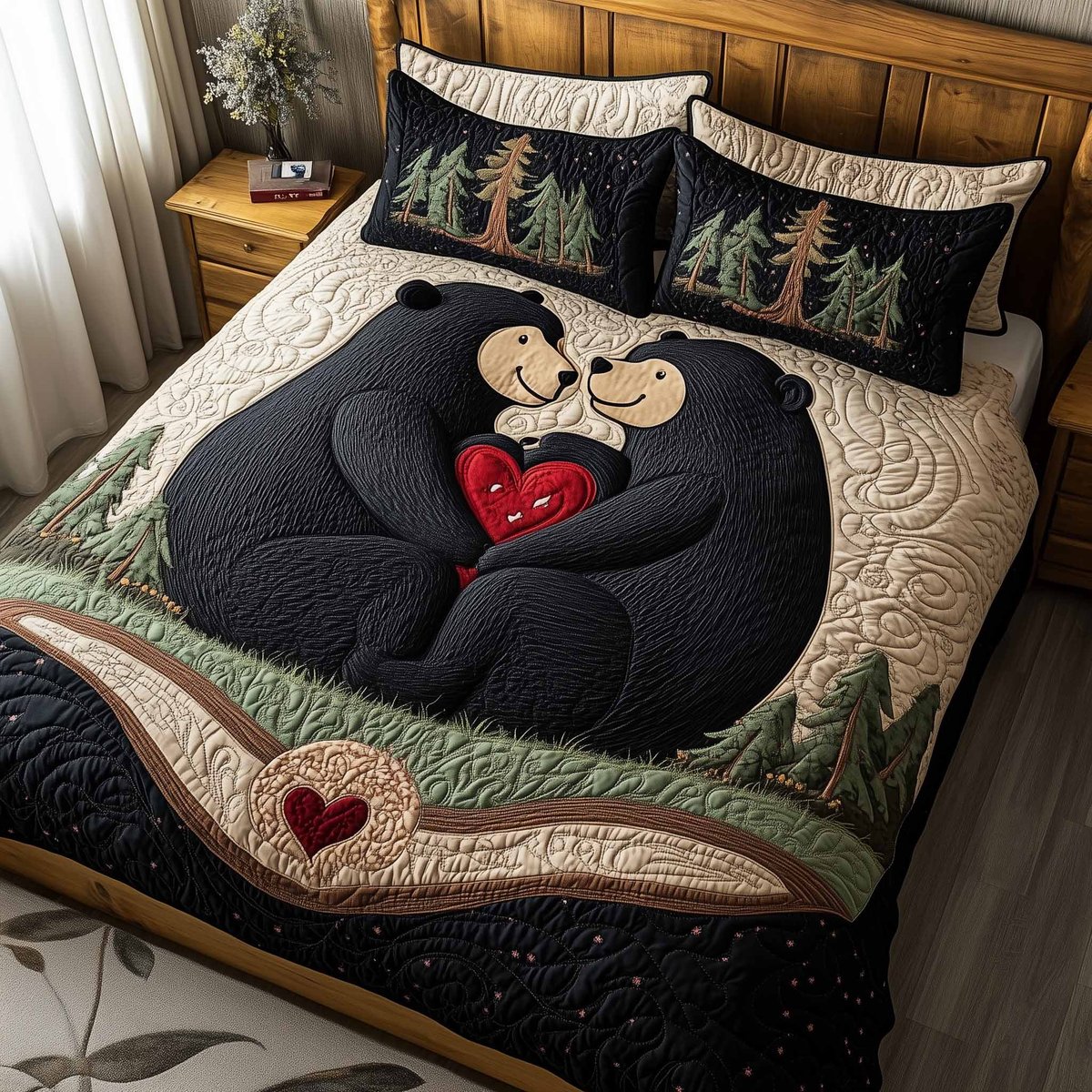 Mountain Love Bear 3 Piece Quilted Bedding Set Gift For Nature Lovers