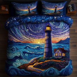 Twilight Lighthouse Nautical 3 Piece Quilted Bedding Set Gift For Beach Lovers