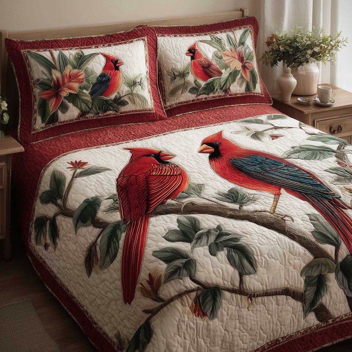 Cardinal Love 3 Piece Quilted Bedding Set Gift For Bird Lovers