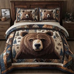 Timber Crown Bear 3 Piece Quilted Bedding Set Gift For Bear Lovers