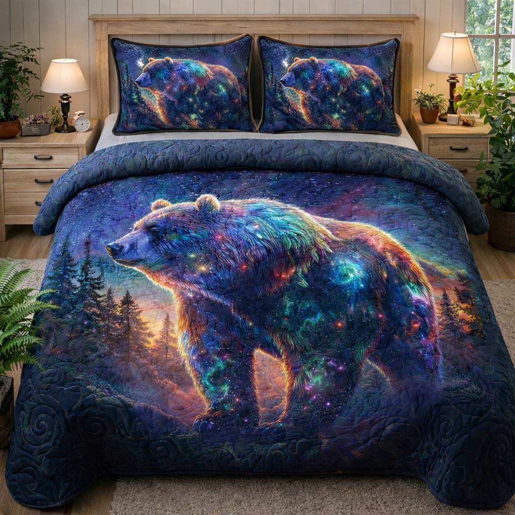 Cosmic Spirit Bear 3 Piece Quilted Bedding Set Gift For Bear Lovers