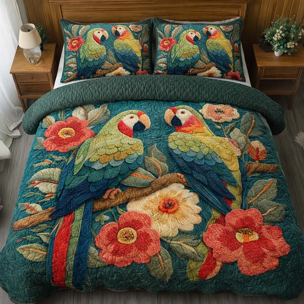 Floral Parrots 3 Piece Quilted Bedding Set Gift For Flower Lovers
