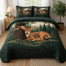 Woodland Fawn Deer 3 Piece Quilted Bedding Set Gift For Nature Lovers