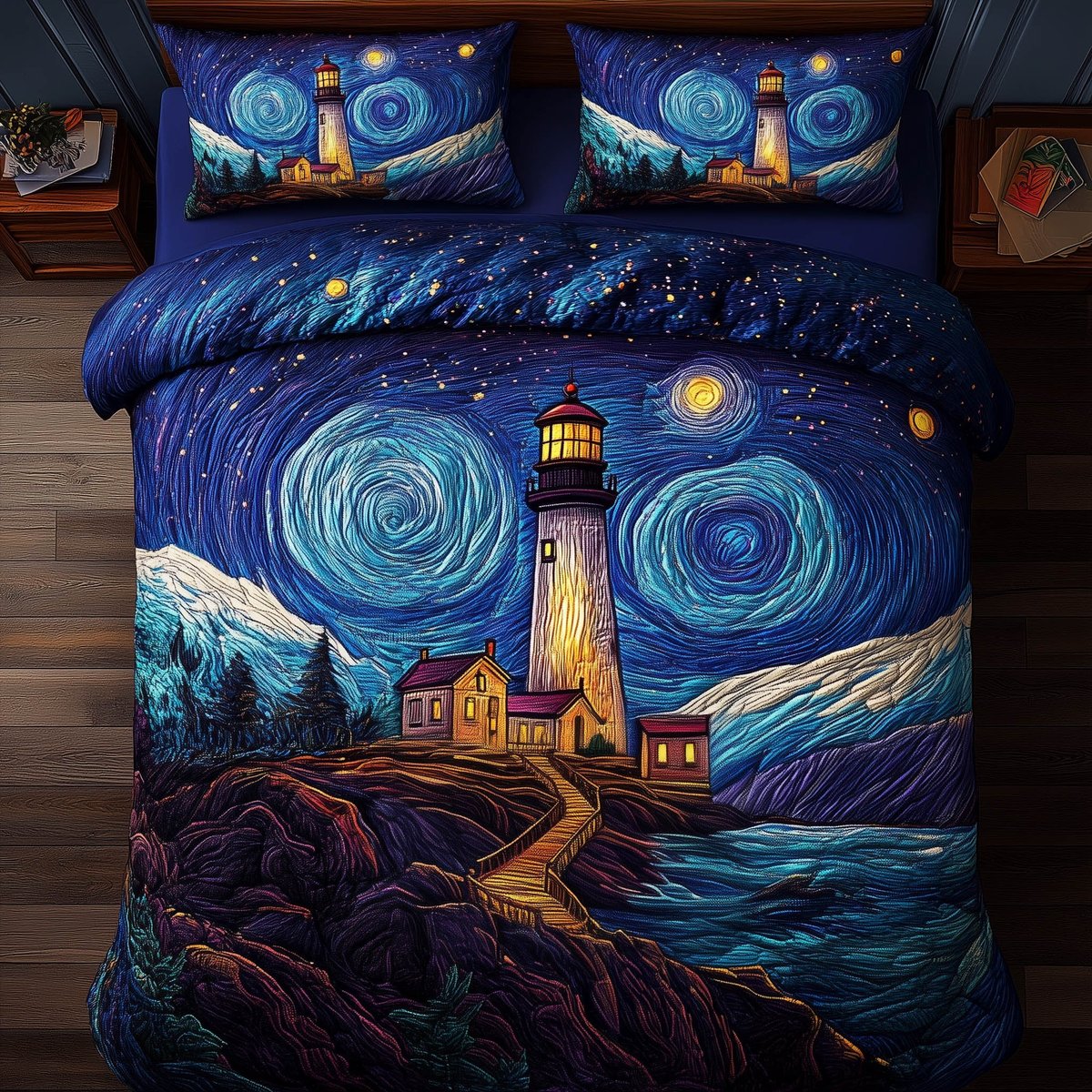 Twilight Lighthouse Nautical 3 Piece Quilted Bedding Set Gift For Beach Lovers