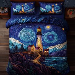 Twilight Lighthouse Nautical 3 Piece Quilted Bedding Set Gift For Beach Lovers
