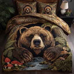 Woodland Bear 3 Piece Quilted Bedding Set Gift For Bear Lovers