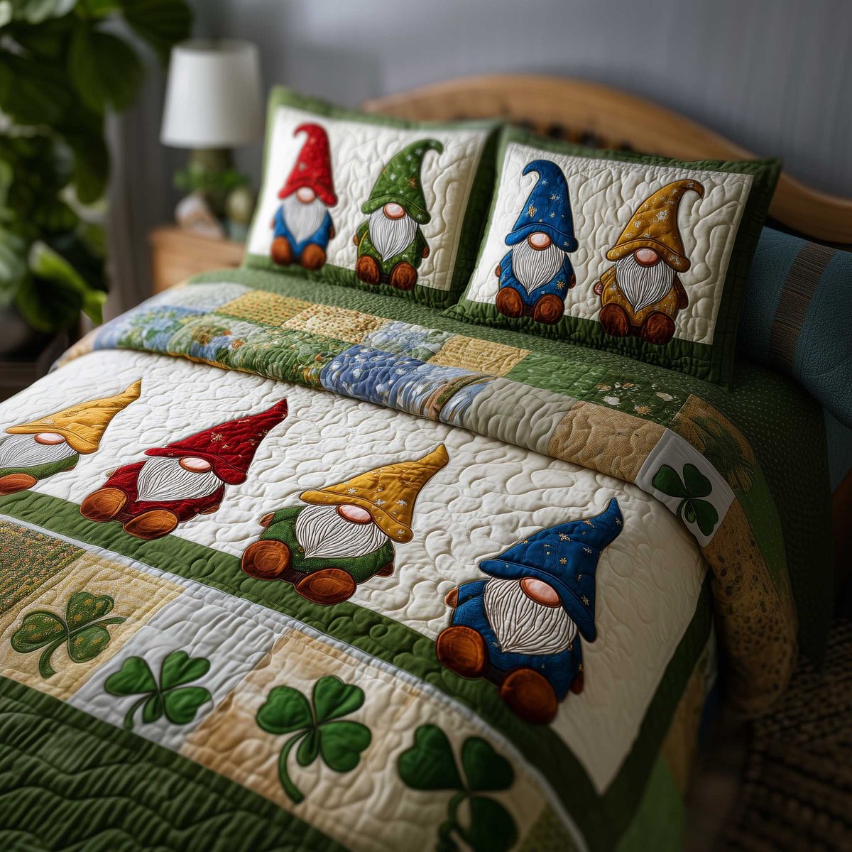 Shamrock Gnome 3 Piece Quilted Bedding Set Gift For Holiday Decor Lovers