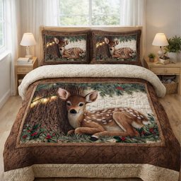 Cozy Fawn Deer 3 Piece Quilted Bedding Set Gift For Hunters