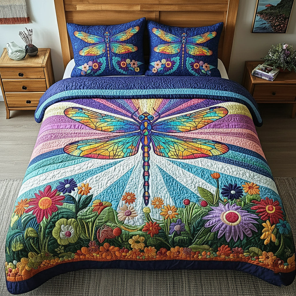 Dragonfly 3 Piece Quilted Bedding Set Gift For Butterfly Lovers