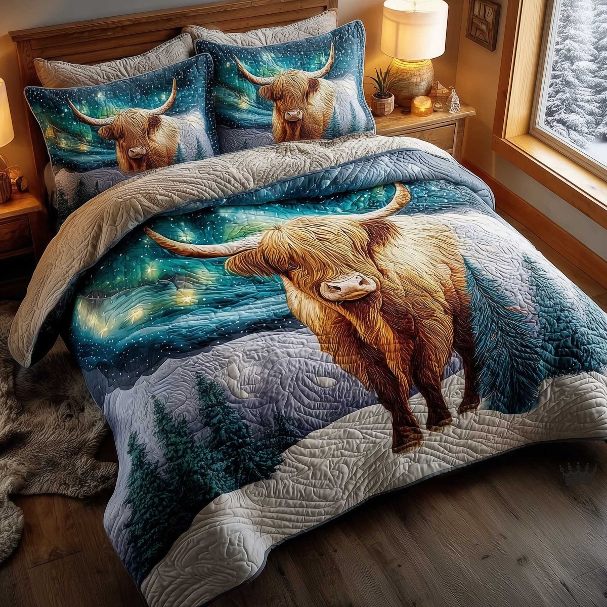 Celestial Lights Cow 3 Piece Quilted Bedding Set Gift For Cow Lovers