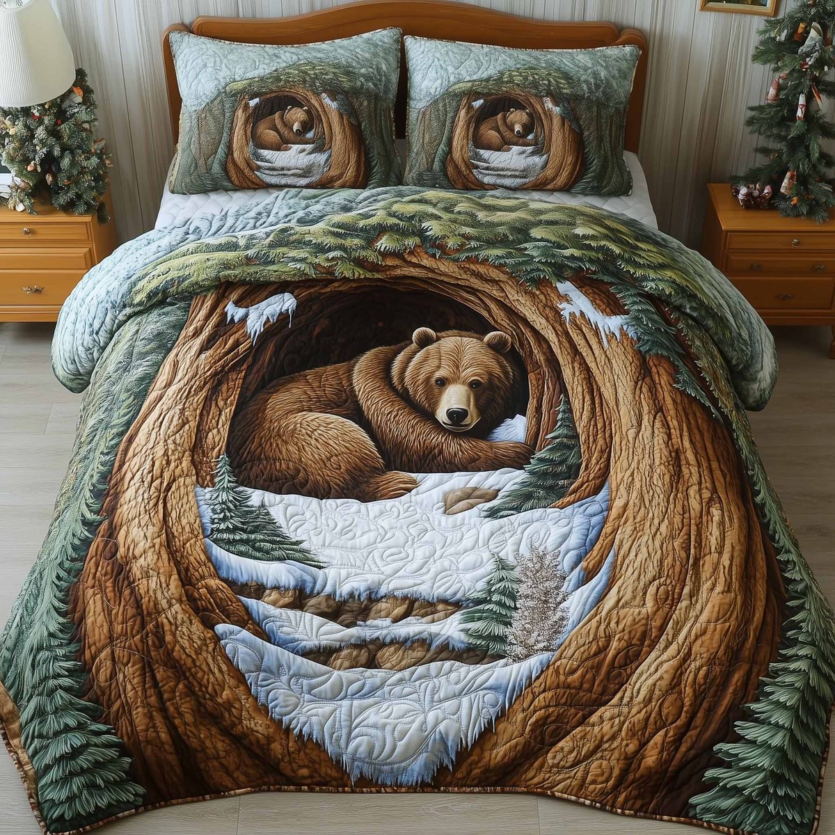 Mountain Love Bear 3 Piece Quilted Bedding Set Gift For Nature Lovers