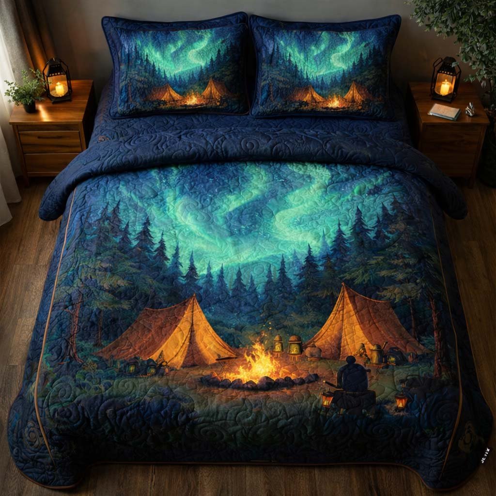 Campfire Aurora Night 3 Piece Quilted Bedding Set Gift For Campers