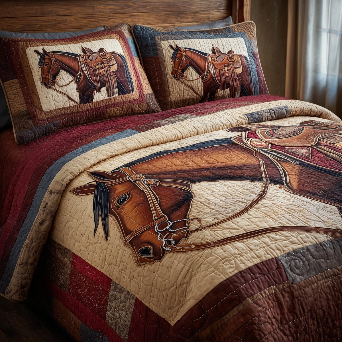 Prairie Horse 3 Piece Quilted Bedding Set Gift For Horse Lovers
