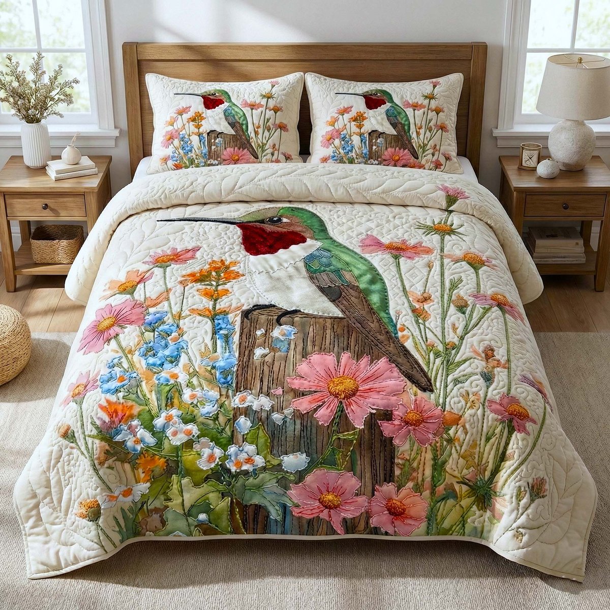 Garden Sprite Hummingbird 3 Piece Quilted Bedding Set Gift For Flower Lovers