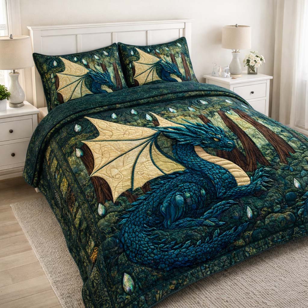 Emerald Forest Dragon 3 Piece Quilted Bedding Set Gift For Nature Lovers