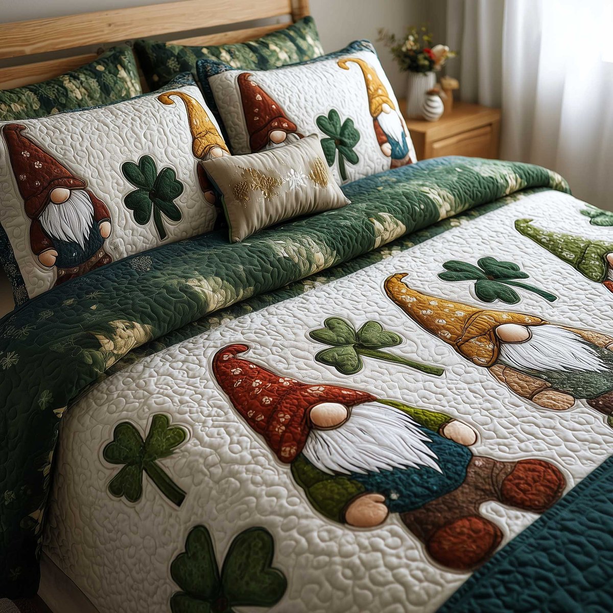 Shamrock Gnome 3 Piece Quilted Bedding Set Gift For Holiday Decor Lovers