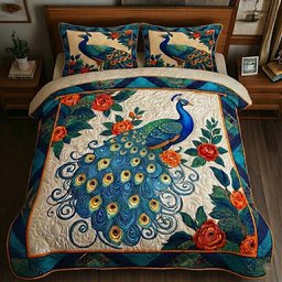 Elegant Peacock 3 Piece Quilted Bedding Set Gift For Bird Lovers